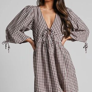Showpo Brown and White Checkered Long Sleeve Dress